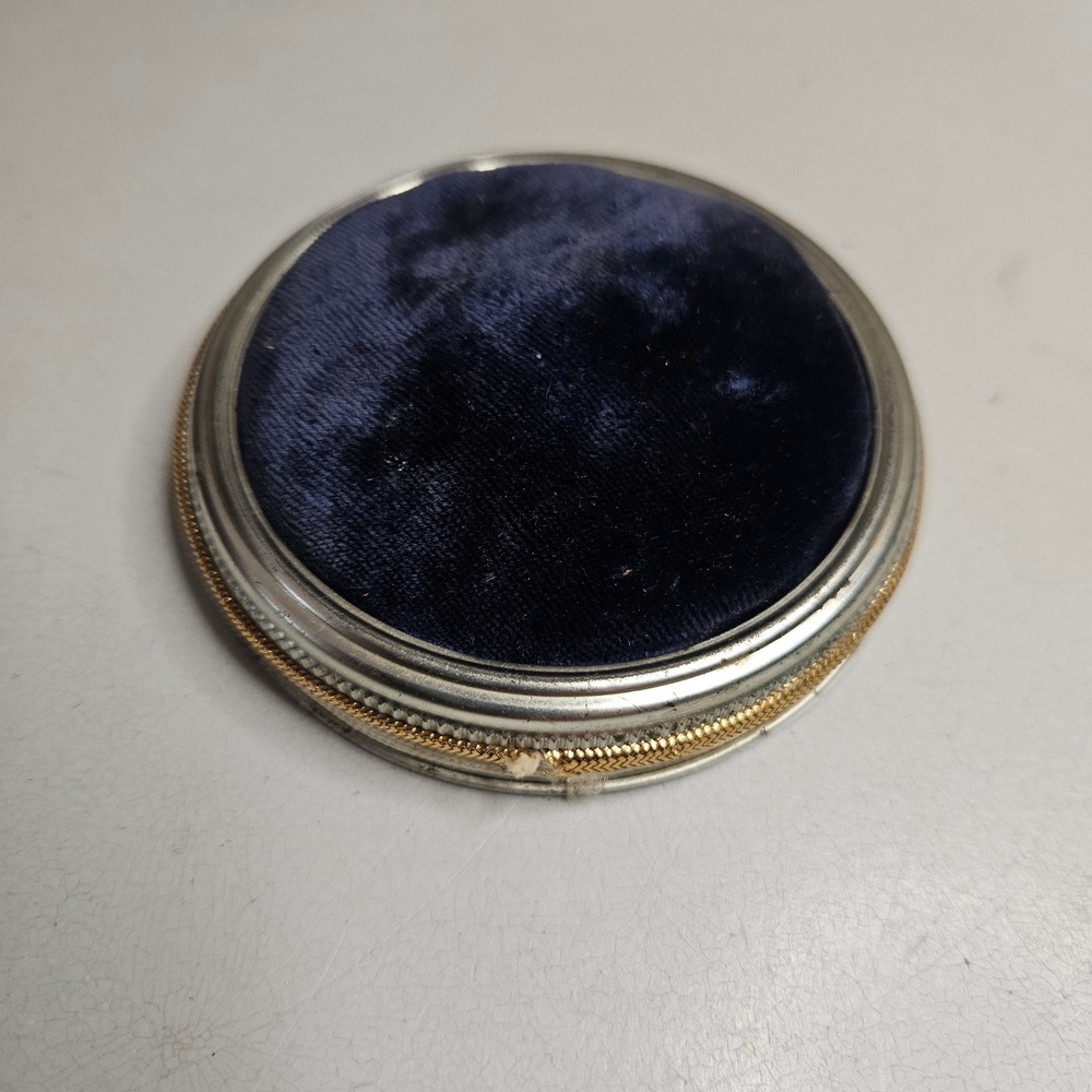 Vintage Navy Blue Velvet Round Pin Cushion Silver Gold Tone Metal Frame Trim